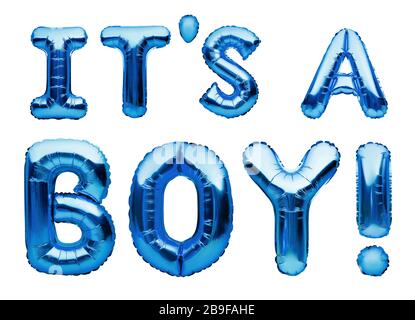 Phrase IT'S A BOY made of blue inflatable balloons isolated on white background. Blue foil helium balloons. Baby boy arrival announcement, birthday Stock Photo