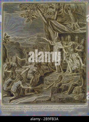 Le premier Ynca Manco Capac et la Reine Coya Mama Oello Huaco son Epouse tous deux Enfans du Soleil rassemblent les sauvages, Voyage historique de l'Amerique meridionale: fait par ordre du roi d'Espagne, Ulloa, Antonio de, 1716-1795, Engraving, 1752, the first plate, located between pages 212 and 213, of part 1, volume 2, the section entitled, Abregé Historique de l'Origine and de la Succession des Yncas, and autres Souverains du Perou. Inscribed at lower left, G.F.L. Debrie inv. and at lower right, J. Folkema sculp, Reimagined by Gibon, design of warm cheerful glowing of brightness and light Stock Photo