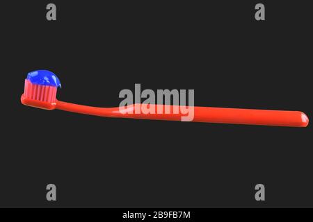 Red toothbrush and blue toothpaste isolated on the black background Stock Photo