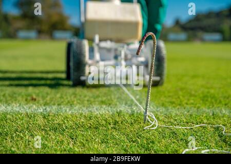 Stretching a rope for lining a football field using white paint on the grass Stock Photo