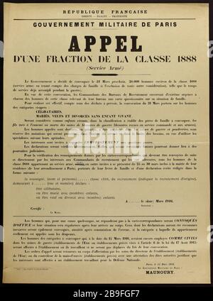 FRENCH REPUBLIC, FREEDOM - EQUALITY - FRATERNITY, GOVERNMENT MILITARY PARIS, CALL FOR A FRACTION OF CLASS 1888 Guerre 1914-1918. Affiche politique. Appel du 15 mars 1916 du Gouvernement militaire de Paris d'une fraction de la classe 1888. Imprimerie P. Planet. Typographie, 1916. Paris, musée Carnavalet.   Imprimerie P. Planet. République française (Liberté - Egalité - Fraternité), GOUVERNEMENT MILITAIRE DE PARIS, APPEL D'UNE FRACTION DE la CLASSE 1888. Typographie. 1916. Paris, musée Carnavalet. Stock Photo