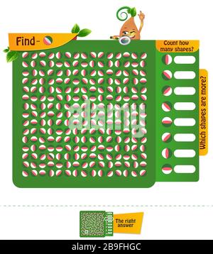 educational game, brainteaser for kids and adults. development of attention, iq children. Task game find and count, which shapes are more? Stock Vector