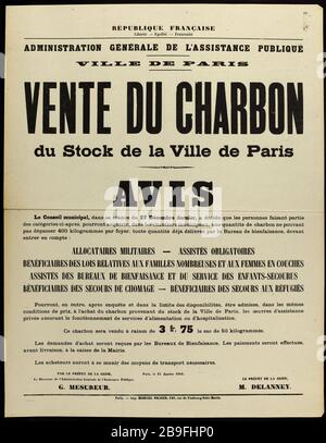 FRENCH REPUBLIC, Freedom - Equality - Fraternity, GENERAL ADMINISTRATION OF PUBLIC ASSISTANCE, CITY OF PARIS, COAL SALE Stock of the City of Paris NOTICE Guerre 1914-1918. Affiche politique. Avis du 15 janvier 1916 de l' Administration  Générale de l’Assistance Publique concernant la vente du charbon du stock de la ville de Paris. Imprimerie Marcel Picard. Typographie, 1916. Paris, musée Carnavalet. Imprimerie Marcel Picard. République française (Liberté - Egalité - Fraternité), ADMINISTRATION GENERALE DE L'ASSISTANCE PUBLIQUE, VILLE DE PARIS, VENTE DU CHARBON du Stock de la Ville de Paris, Av Stock Photo