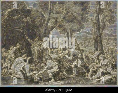 Moses striking the rock, print after paintings by Nicolas Poussin, Baudet, Etienne, 1638-1711, Poilly, Nicolas de, 1627-1696, Poussin, Nicolas, 1594?-1665, ca. 1670-1686, Reimagined by Gibon, design of warm cheerful glowing of brightness and light rays radiance. Classic art reinvented with a modern twist. Photography inspired by futurism, embracing dynamic energy of modern technology, movement, speed and revolutionize culture. Stock Photo