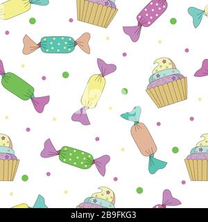 cute cartoon stylized color delicious mouth- watering cupcakes and multi- colored candies on a white background, isolated, seamless vector pattern. Stock Vector