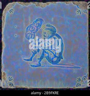 Tile with seated man with beret holding smoking tube or wooden trowel in the hand and or lighting or tapping, corner motif, ox-head, wall tile tile sculpture ceramic earthenware glaze, baked 2x glazed painted Yellow shard square. Blue on white background Tile with seated man with beret holding smoking tube or wooden trowel in the hand and or lighting or tapping Angle pattern ox head fire smoke headgear Stock Photo
