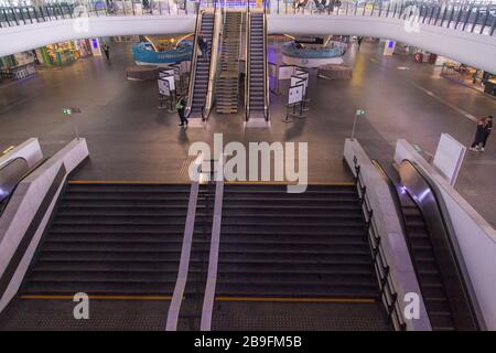 Empty deserted Warszawa Centralna, in English known as Warsaw Central, the primary railway station in Warsaw, Poland during coronavirus pandemic Stock Photo