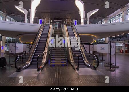 Empty deserted Warszawa Centralna, in English known as Warsaw Central, the primary railway station in Warsaw, Poland during coronavirus pandemic Stock Photo