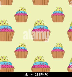 cute stylized color delicious mouth watering cupcakes on pale yellow background, isolated, seamless vector pattern. Stock Vector