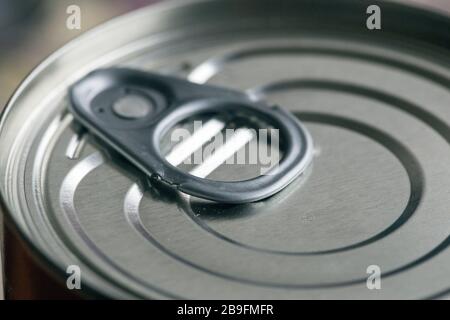 Close up macro shot of the top of a food can with ring pull tab Stock Photo
