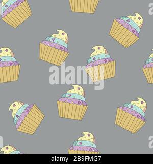 cute stylized color delicious mouth watering cupcakes on grey background, isolated, seamless vector pattern. Stock Vector