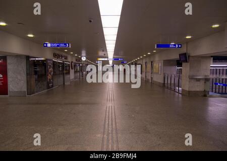 Empty deserted Warszawa Centralna, in English known as Warsaw Central, the primary railway station in Warsaw, Poland during coronavirus pandemic Stock Photo