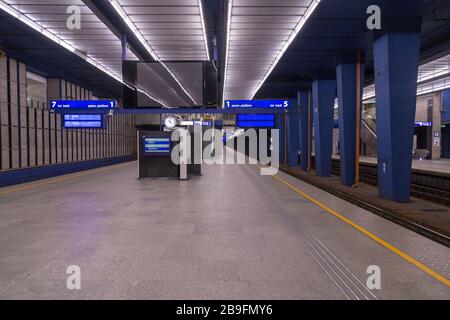 Empty deserted Warszawa Centralna, in English known as Warsaw Central, the primary railway station in Warsaw, Poland during coronavirus pandemic Stock Photo