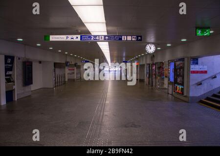 Empty deserted Warszawa Centralna, in English known as Warsaw Central, the primary railway station in Warsaw, Poland during coronavirus pandemic Stock Photo