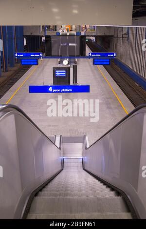 Empty deserted Warszawa Centralna, in English known as Warsaw Central, the primary railway station in Warsaw, Poland during coronavirus pandemic Stock Photo