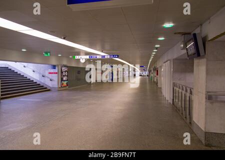 Empty deserted Warszawa Centralna, in English known as Warsaw Central, the primary railway station in Warsaw, Poland during coronavirus pandemic Stock Photo