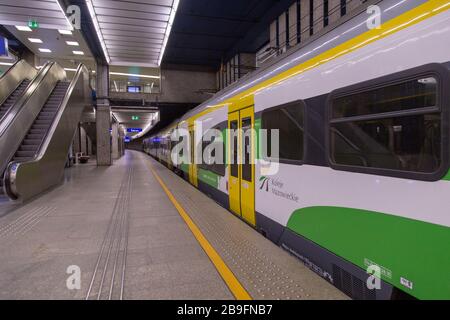 Empty deserted Warszawa Centralna, in English known as Warsaw Central, the primary railway station in Warsaw, Poland during coronavirus pandemic Stock Photo