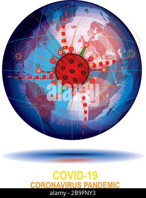 The spread of the coronavirus around the world. Capture of the planet. Globe with world map. Vector illustration concept. COVID-19 cell. Stock Vector