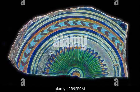 Fragment majolica dish, polychrome, rosette in the middle, plate crockery holder soil find ceramic earthenware glaze, baked underside covered with clear lead glaze. Polychrome Poorly mixed earthenware red-orange shard archeology serving serve up pottery Stock Photo