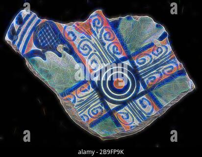 Fragment of majolica dish, orange and green and blue on white, cross shape and in between leaves, in the middle circles, cable border, dish plate crockery holder earth discovery ceramics earthenware glaze, total with , archeology Rotterdam decorate soil discovery Rotterdam 1941 Stock Photo