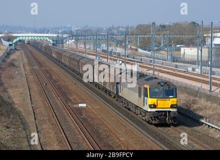 A Class 92 electric locomotive number 92023 working a Channel Tunnel 'enterprise' wagonload freight at Sevington in Kent. Stock Photo