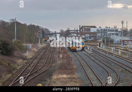 Withdrawn Northern Rail class 142 Pacer trains with new class 195's at Barrow In Furness, Cumbria Stock Photo