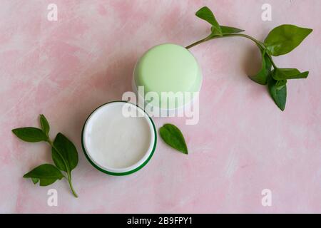 Body, face cream with wild flowers. Wellness therapy regeneration Stock Photo