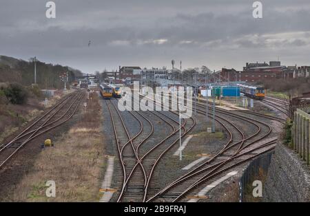 Withdrawn Northern Rail class 142 Pacer trains with new class 195's at Barrow In Furness, Cumbria Stock Photo