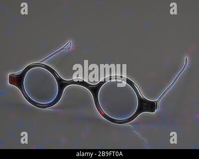 Glasses with round glasses in turtle frame with silver colored metal springs, spectacles eyepiece equipment glass metal nickel? silver? turtle unfolded measured, Glasses with round glasses in dark brown turtle frame with wide bridge and thin silver colored metal legs ending in loop punched in both springs: RvB see eyesight eye correction Rotterdam optical instruments optician seller Antonio Reballio Reballio Stock Photo