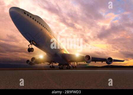 3D rendering of an airplane take-off / Landing at sunset Stock Photo