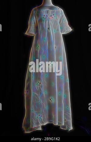 Empire dress of white batiste embroidered with multicolored flower motifs in tambouring, raised waist, short sleeves Empire dress of white batiste embroidered with multicolored flower motifs in tambouring, raised waist, short sleeves