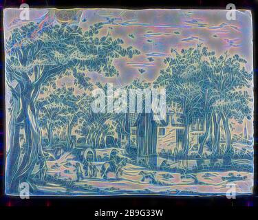DC, Rectangular plaque, rural decor of figures, plaque tile footage ceramic pottery glaze, baked 2x painted glazed Plaque blue on white fond under window large house ANO 71 behind on small extension monogram DC Stock Photo