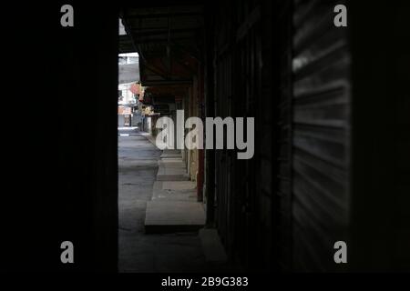 Palestine. 24th Mar, 2020. Photo taken on March 24, 2020 shows an empty street in the West Bank City of Nablus. Palestinian authorities on Sunday declared a 14-day lockdown on the West Bank as part of measures to combat the spread of coronavirus pandemic. The total number of Palestinians infected with COVID-19 has reached 60, with 58 in the West Bank and two in the Gaza Strip, a Palestinian official announced Tuesday. Credit: Ayman Nobani/Xinhua/Alamy Live News Stock Photo