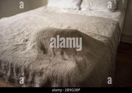 Cat sleeping under blanket on bed Stock Photo