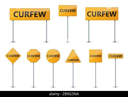 Curfew warning road signs. Set of road signs. Covid-19 sign isolated. Vector illustration. Stock Vector