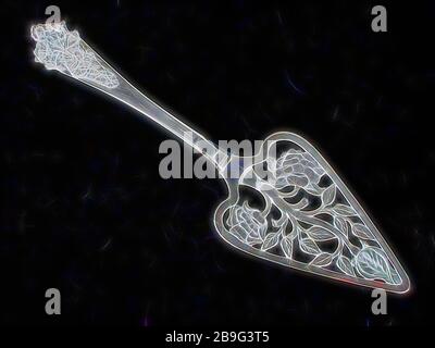 Silversmith: Johannes Verlooven, Silver cake server, cut open with tree of life with flowers and flower bud, cake shovel kitchen utensil silver, forged sawn engraved molded Triangular flat tray smooth steel handle back (debossed) serving Stock Photo