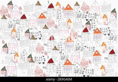 Childs drawing of houses, population density Stock Photo