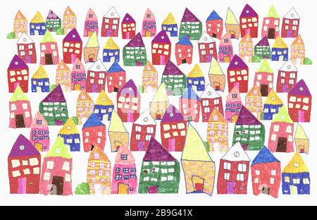 Childs drawing of multi colored houses Stock Photo