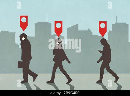 Map pin icons above business people walking and talking on smart phones in city Stock Photo