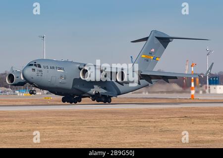 Munich, Germany - Feburary 15, 2020: United States of America US Air Force Globemaster 13 airplane at Munich airport (MUC) in Germany. Boeing is an ai Stock Photo