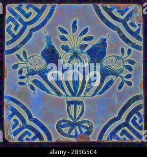 White tile with blue fruit bowl on stand, apples and grapes; corner pattern meander angle, wall tile tile material ceramics pottery glaze, baked 2x glazed painted Red shard square three and four nail holes. AVIa chinoiserie Stock Photo
