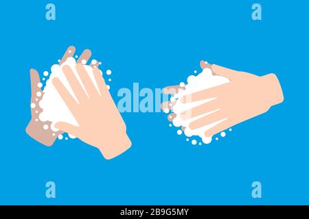 Hand washing to prevent Coronavirus infection using soap and bubbles. Covid-19 pandemic concept. Stock Vector