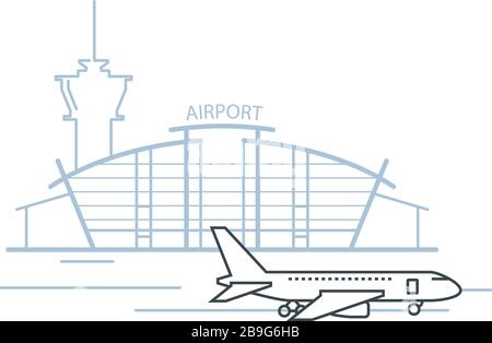 Airport terminal building front view and airplane on landing strip, airport icon Stock Vector