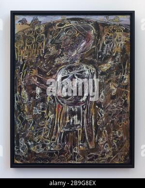 Painting 'Arabs with Footprints' by French modernist painter Jean Dubuffet (1948) on display in the Staatliche Kunsthalle Karlsruhe (State Art Gallery) in Karlsruhe, Baden-Württemberg, Germany. Stock Photo