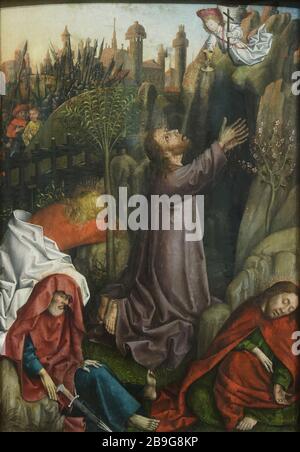 Panel painting 'Agony in the Garden' by the Master of the Karlsruhe Passion (1450-1455) on display in the Staatliche Kunsthalle Karlsruhe (State Art Gallery) in Karlsruhe, Baden-Württemberg, Germany. Stock Photo