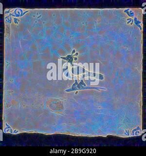 Animal tile with bird, three plumes on the head, blue decor on white ground, corner fill: ox head, marked, wall tile tile image ceramics pottery glaze tin glaze, in shape made baked glazed painted baked Wall tile with blue decor on white background. Animal tile with bird with three feathers on the head as possible. Possibly peacock with brushed tail Yellow-orange shard. Scraped earthenware Slightly slanted sides. Marked at the back In blue paint on the back: T wide letter with short trunk Rotterdam City center Stadsdriehoek Zandstraat indigenous pottery Originating from the Zandstraat Rotterda Stock Photo