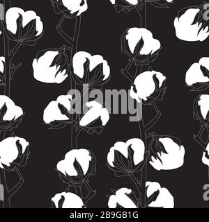 Monochrome Cotton Branches Line Drawing Seamless Vector Pattern on Black Stock Vector
