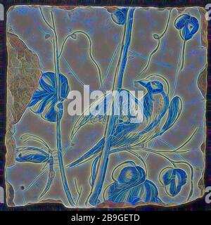 Blue tile of chimney pilaster with 13 tiles, left looking bird on grape branch and dragonfly, chimney pilaster tile pilaster footage fragment ceramics pottery glaze, Three blue tiles with bird dragonflies butterfly grape leaves possible from the same chimney pilaster with 13 tiles tree of bunches of grapes with birds grain leaves foot unknown Stock Photo