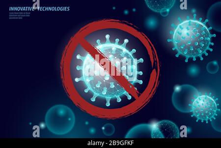 Stop coronavirus 3D low poly render. Laboratory analysis infection virus influenza flu pneumonia. Modern science technology medicine vector Stock Vector