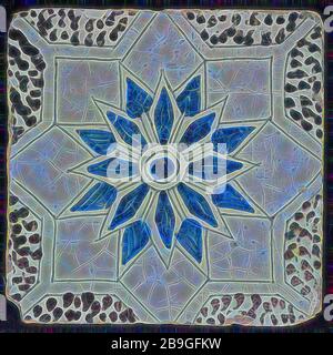 Sprinkled ornament tile, center double circle, double eight-pointed blue star, against background of two white eight-pointed stars, dotted purple corners, black outline, wall tile tile sculpture ceramic earthenware glaze, baked 2x glazed painted Stock Photo